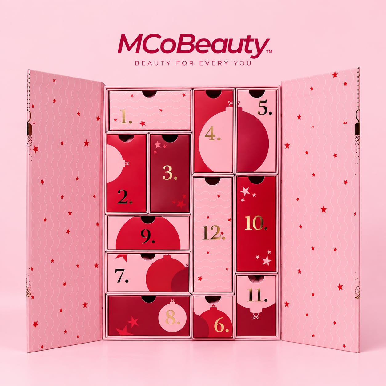 The twelve numbered drawers inside the MCoBeauty Advent Calendar